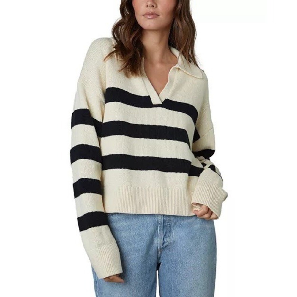 Velvet By Graham & Spencer Stripe Lucie Polo Sweater Stripe Black Cream Sz XL